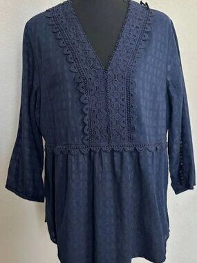 Soft surroundings blue embroidered peasant flowy cotton boho blouse M